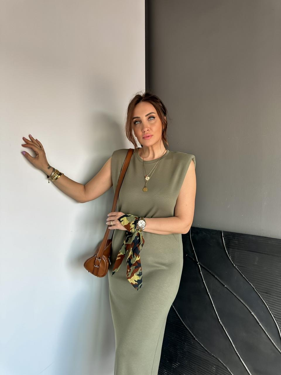 Haki Vatkalı Likralı Basic Elbise