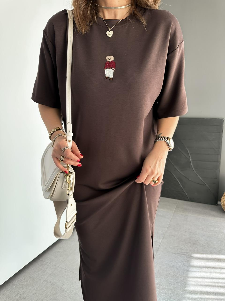 Kahve Ayıcıklı Modal Basic Elbise