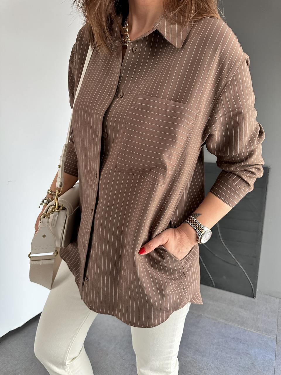 Kahve Çizgili Cepli Basic Gömlek