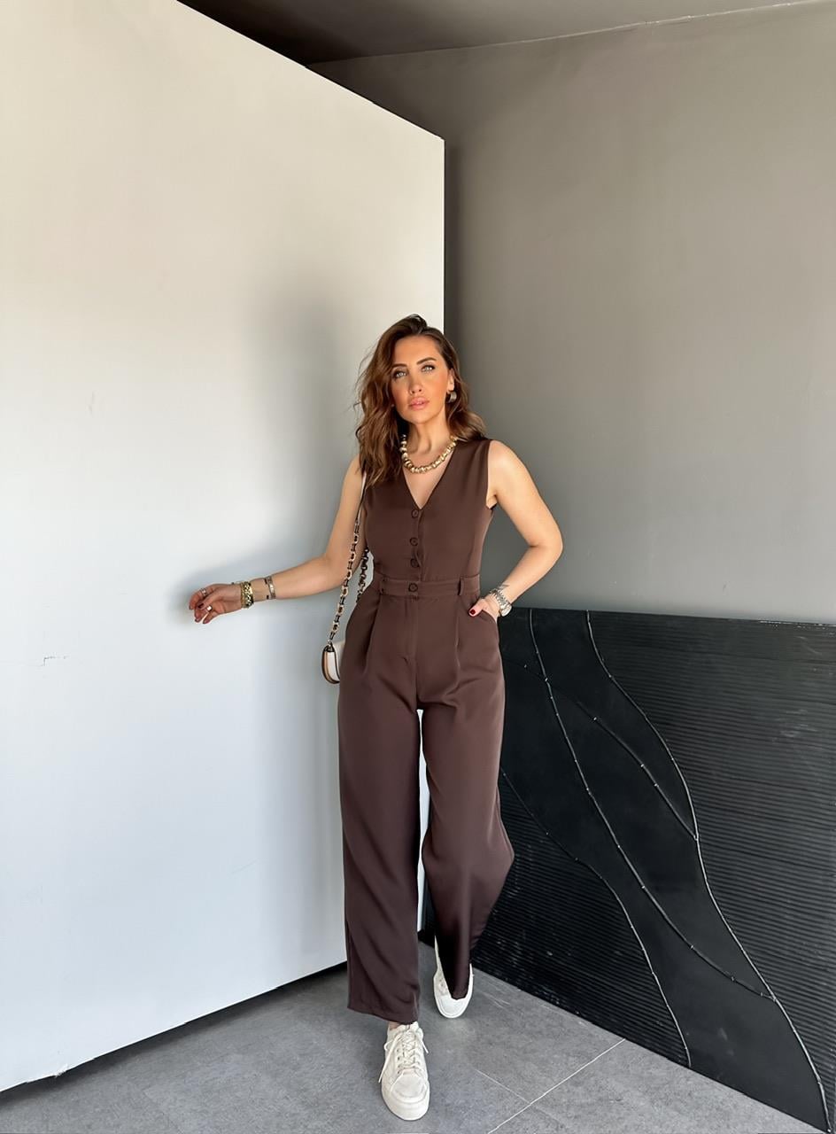 Kahve Düğmeli Kumaş Tulum