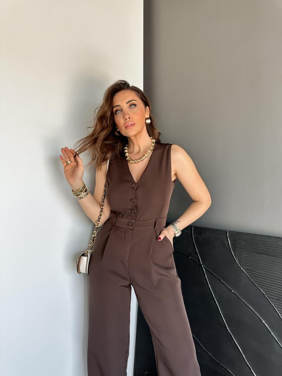 Kahve Düğmeli Kumaş Tulum