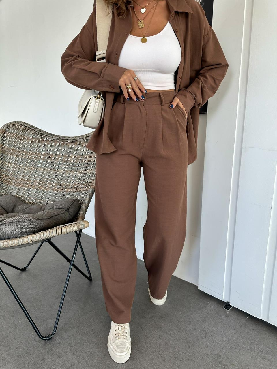 Kahve Gömlekli Basic Keten Takım