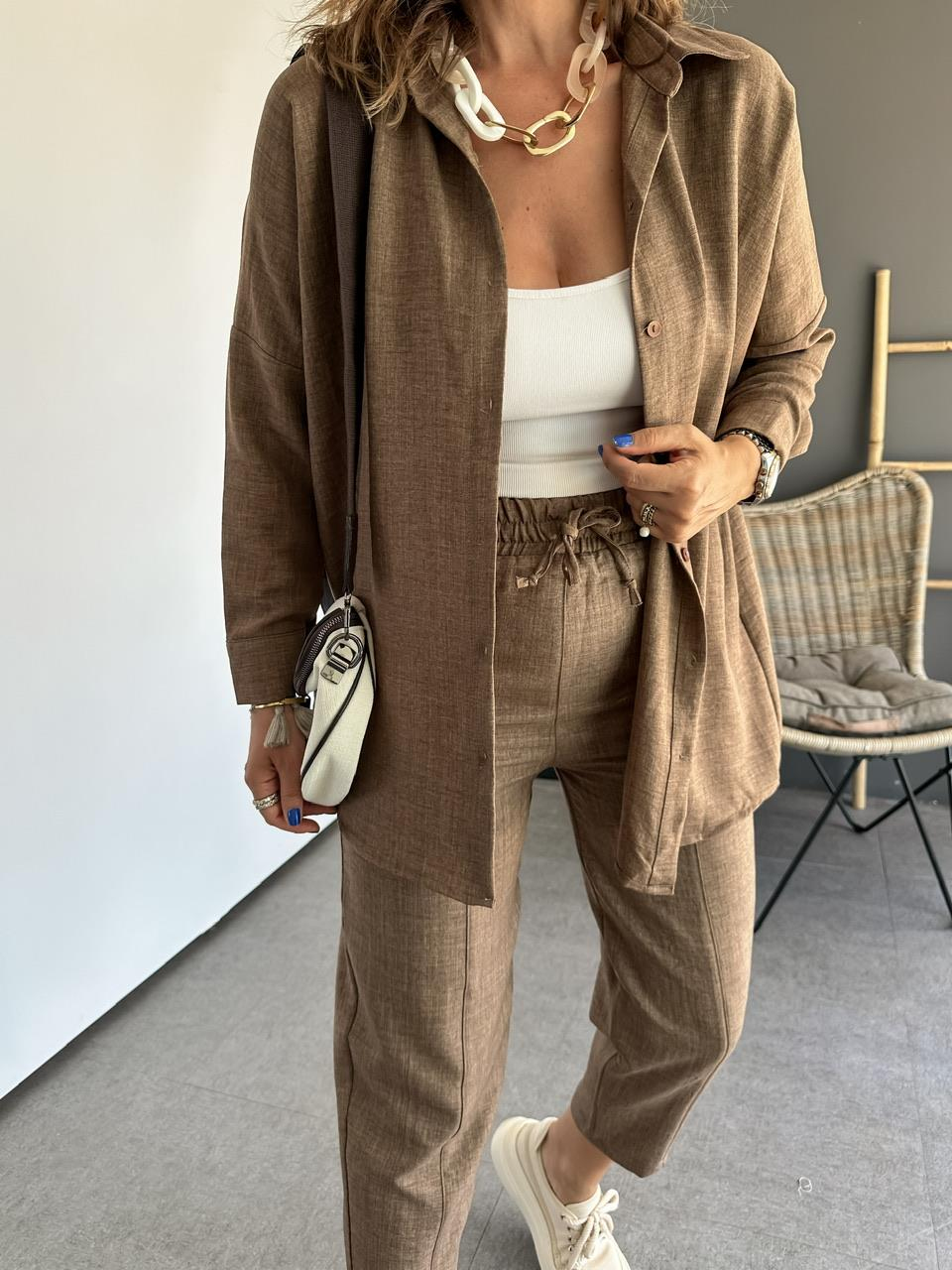 Kahve Keten Gömlekli Basic Takım