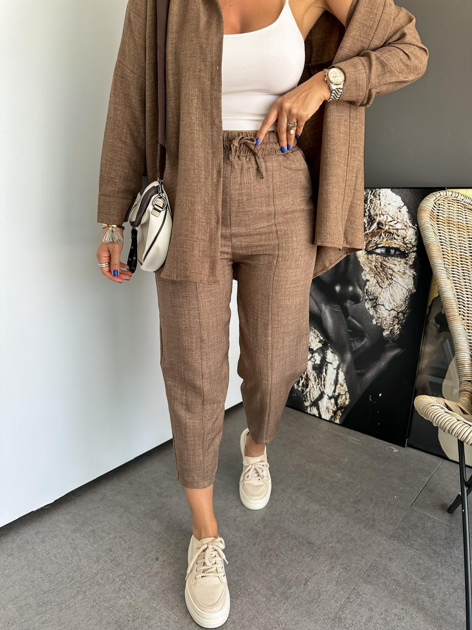 Kahve Keten Gömlekli Basic Takım