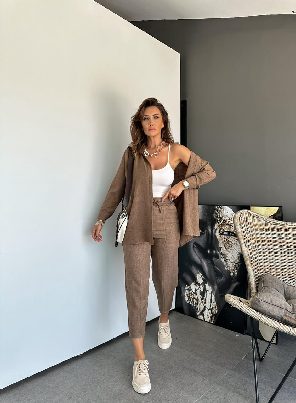 Kahve Keten Gömlekli Basic Takım