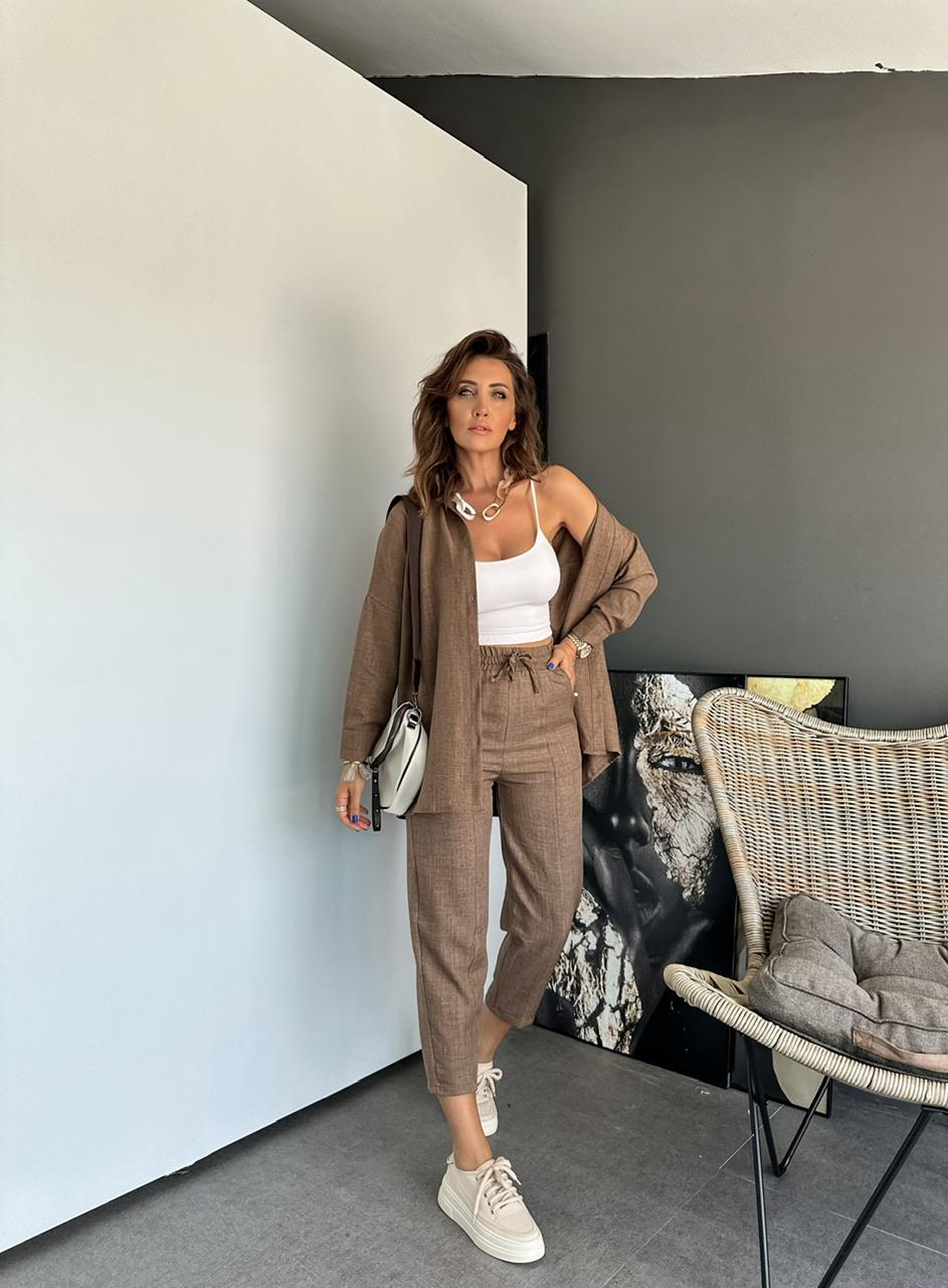 Kahve Keten Gömlekli Basic Takım