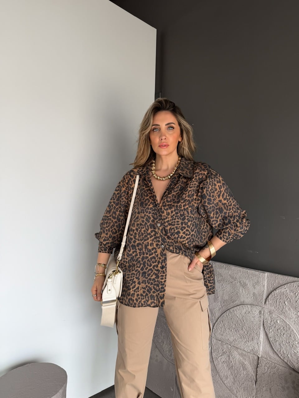 Kahve Leopar Oversize Gömlek