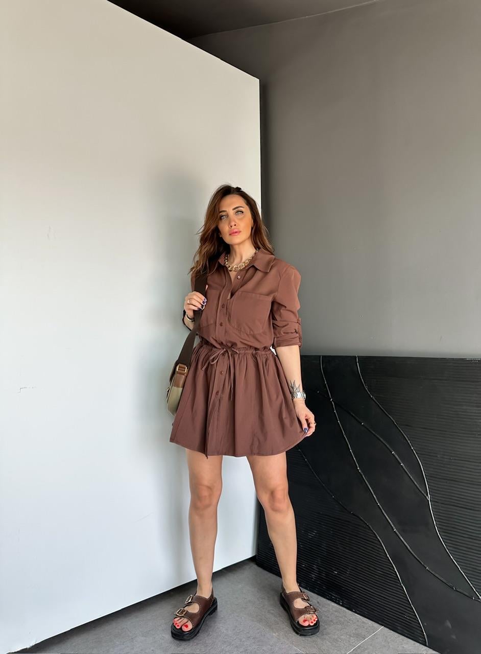 Kahve Şortlu Gömlek Elbise