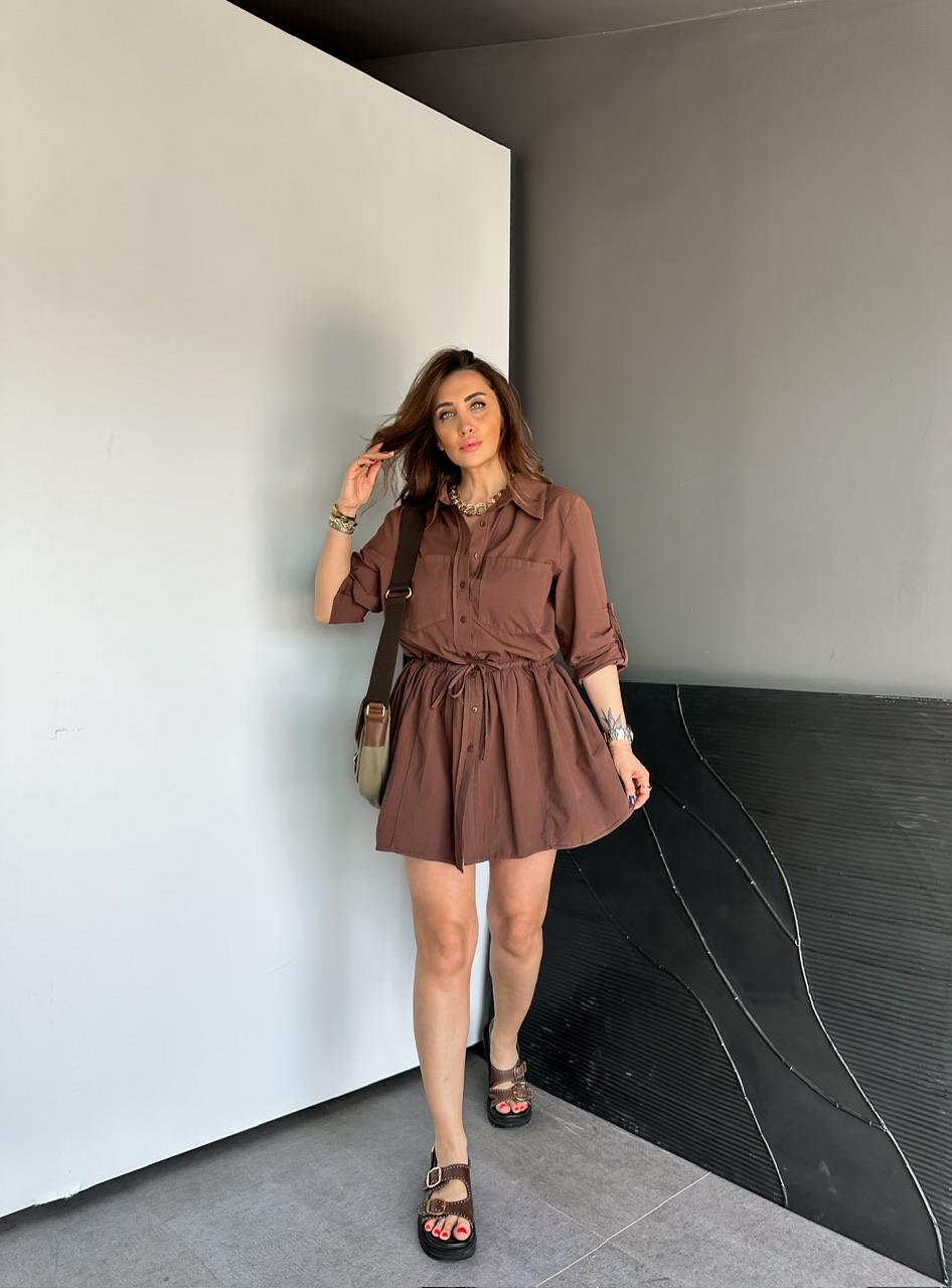 Kahve Şortlu Gömlek Elbise