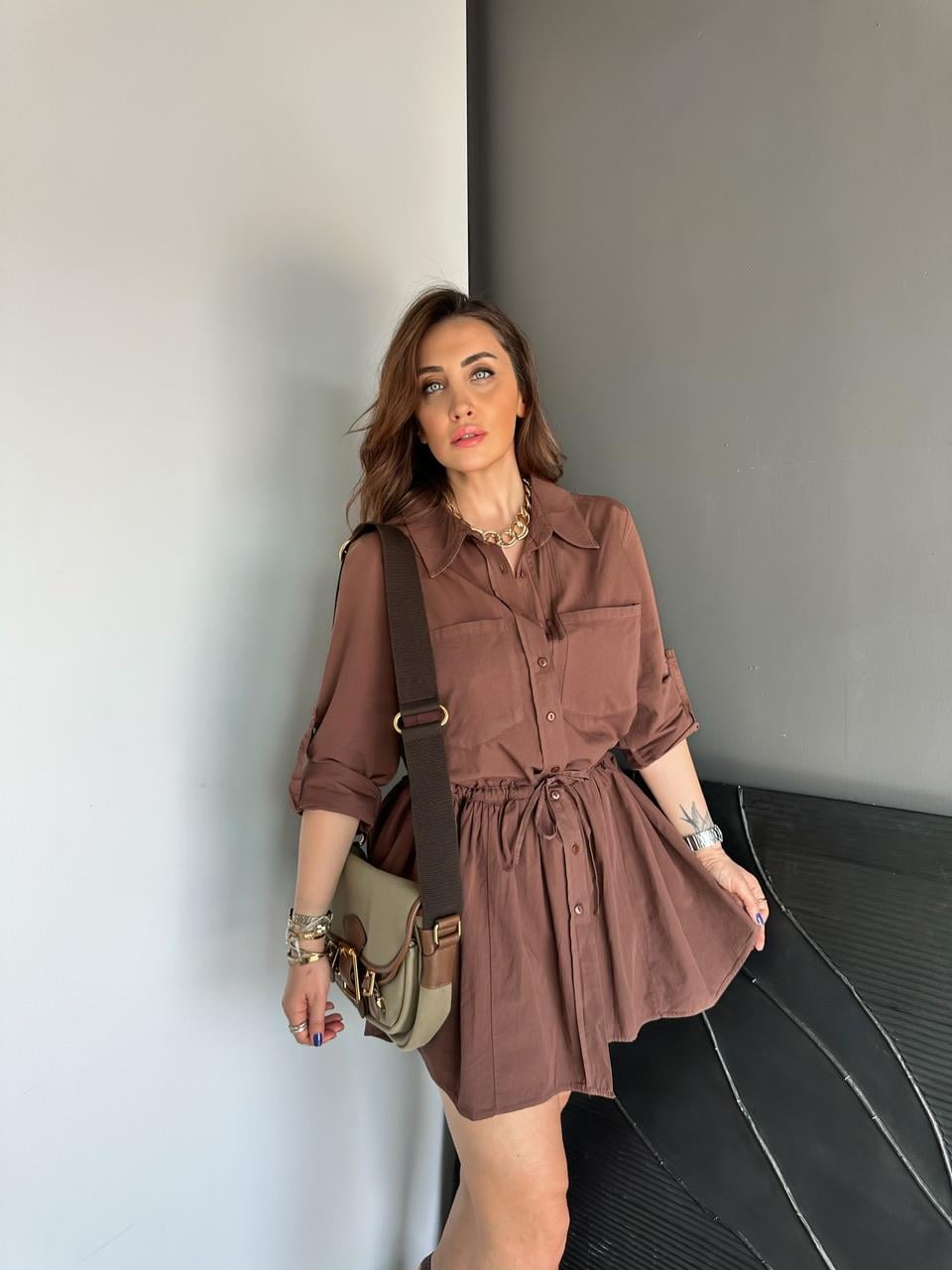 Kahve Şortlu Gömlek Elbise