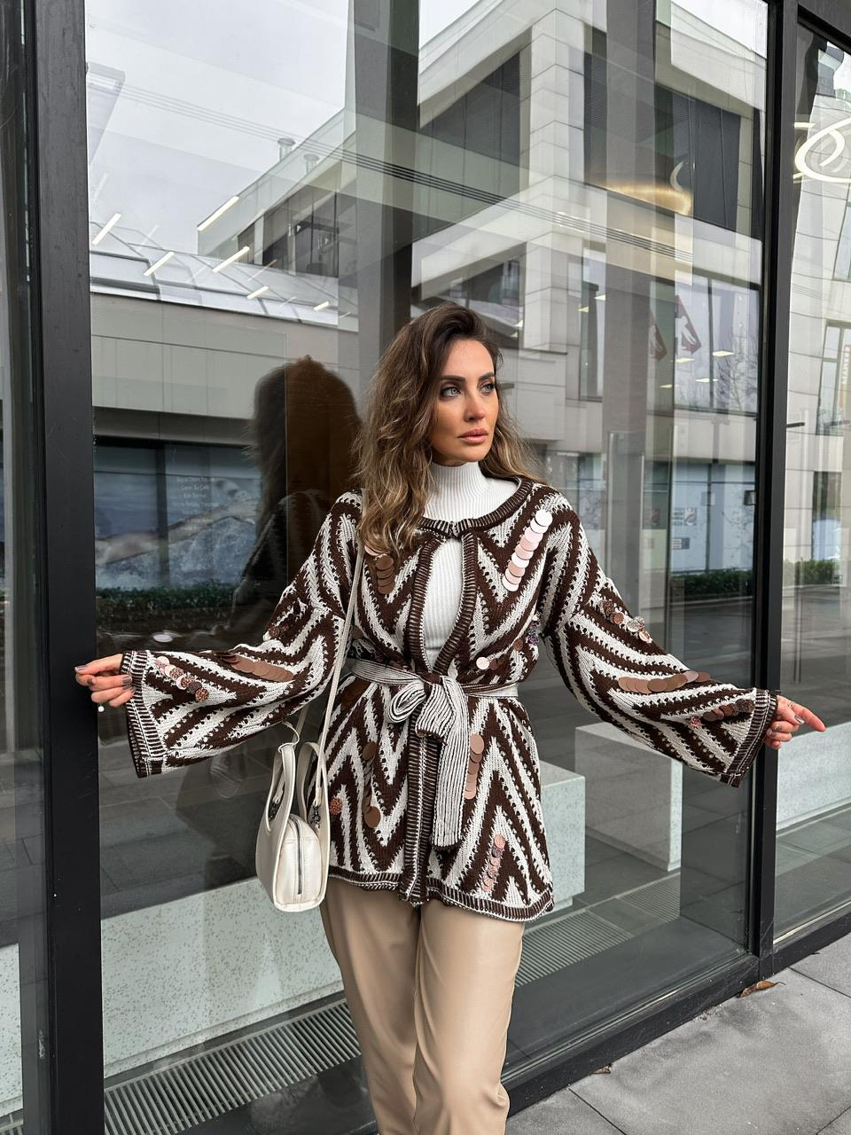 Kahve Zikzak Pullu Hırka