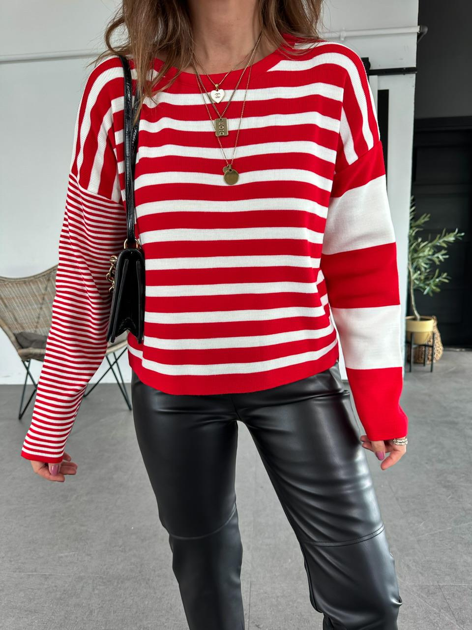 Kırmızı Çizgili Basic Kazak