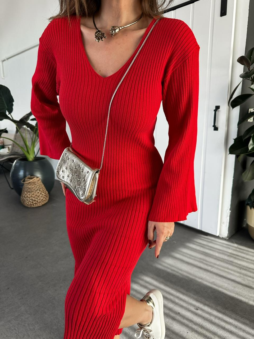Kırmızı İspanyol Kol Triko Elbise