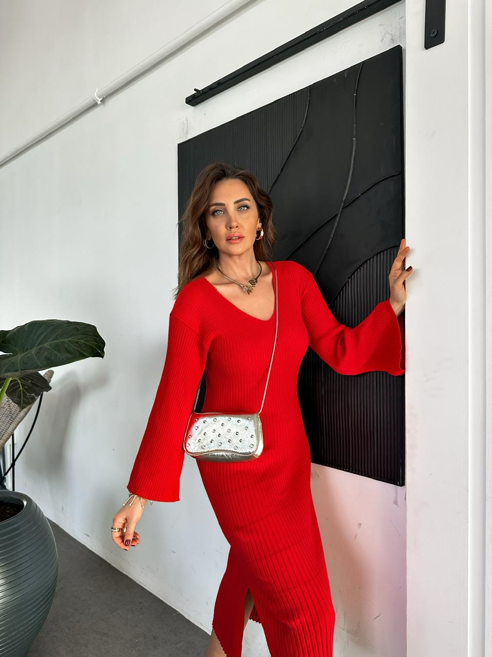 Kırmızı İspanyol Kol Triko Elbise