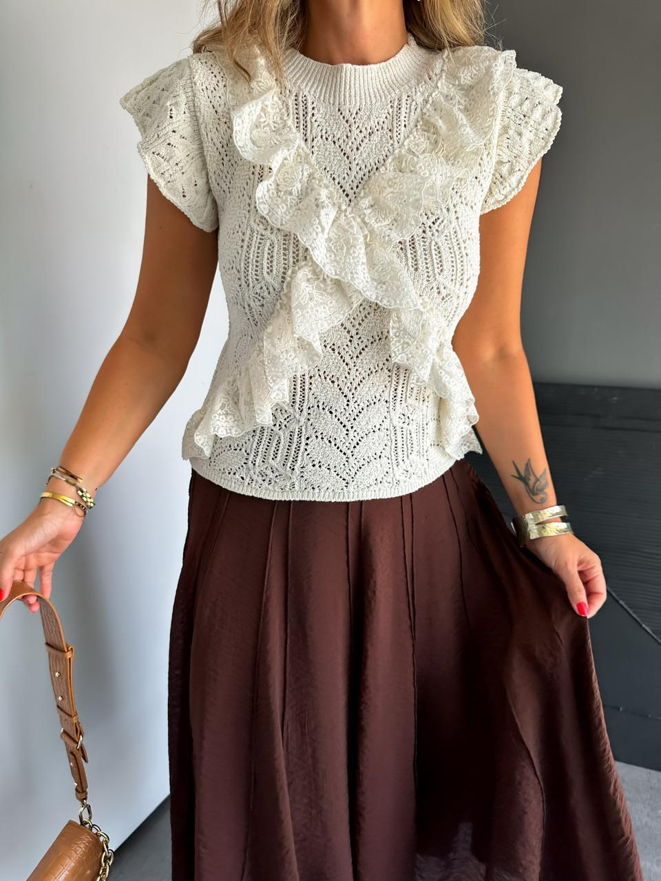Krem Ajurlu Dantelli Triko