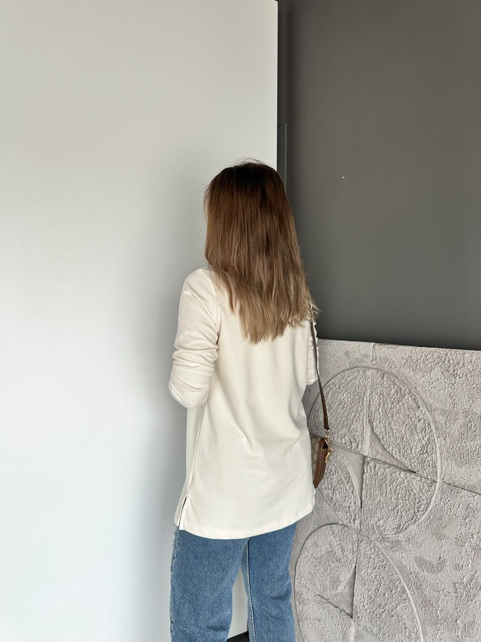 Krem Fitilli Bisiklet Yaka Basic Tshirt