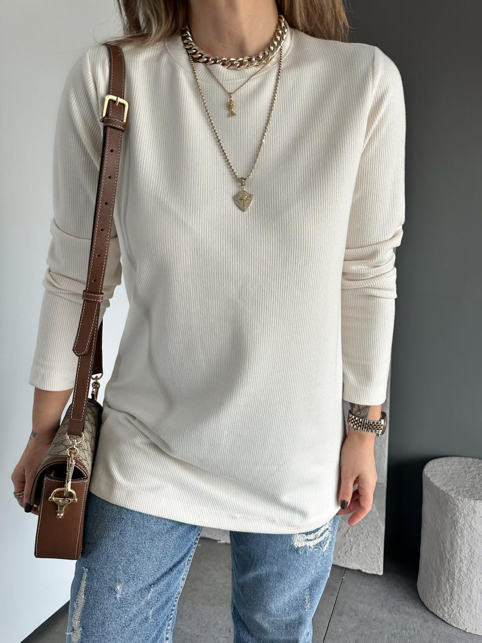 Krem Fitilli Bisiklet Yaka Basic Tshirt