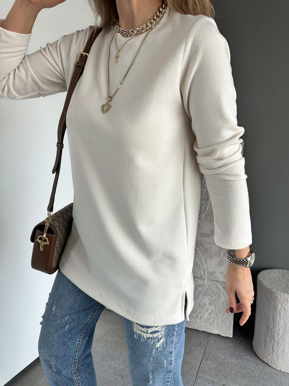 Krem Fitilli Bisiklet Yaka Basic Tshirt