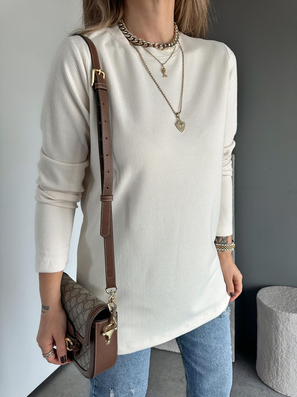 Krem Fitilli Bisiklet Yaka Basic Tshirt