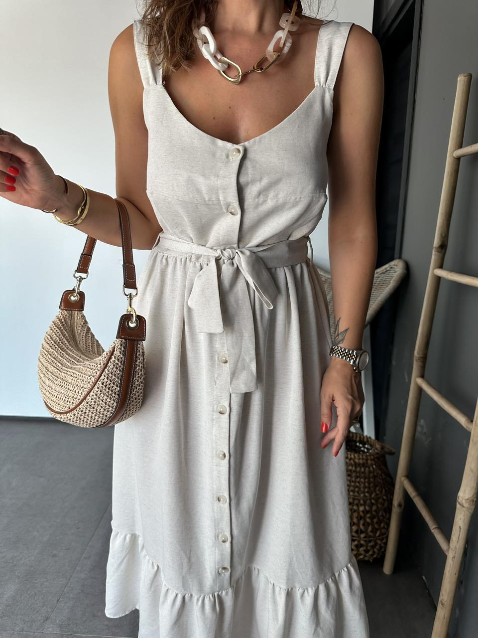 Krem Kalın Askılı Düğmeli Elbise