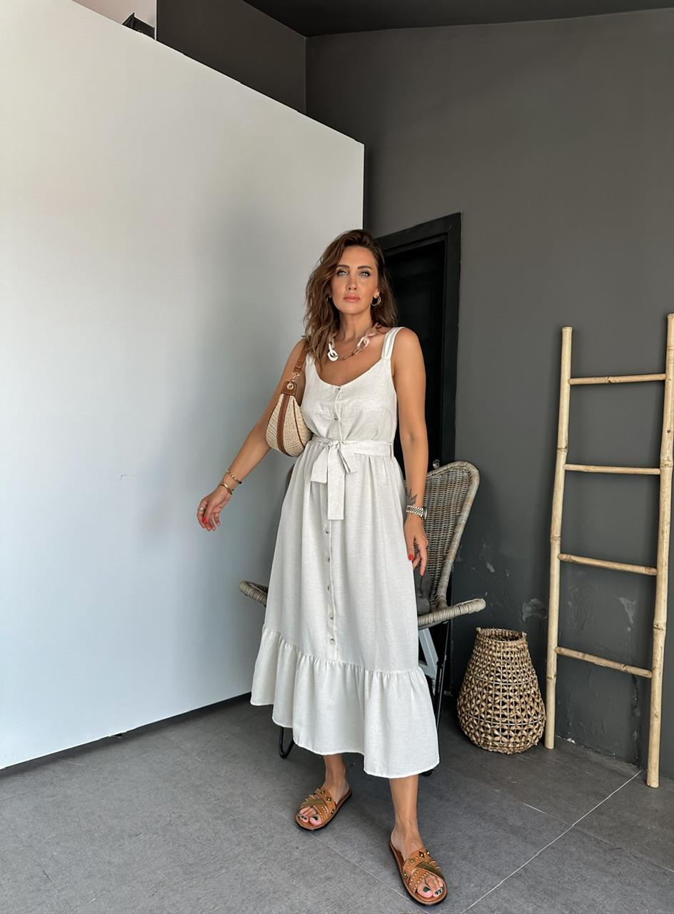 Krem Kalın Askılı Düğmeli Elbise