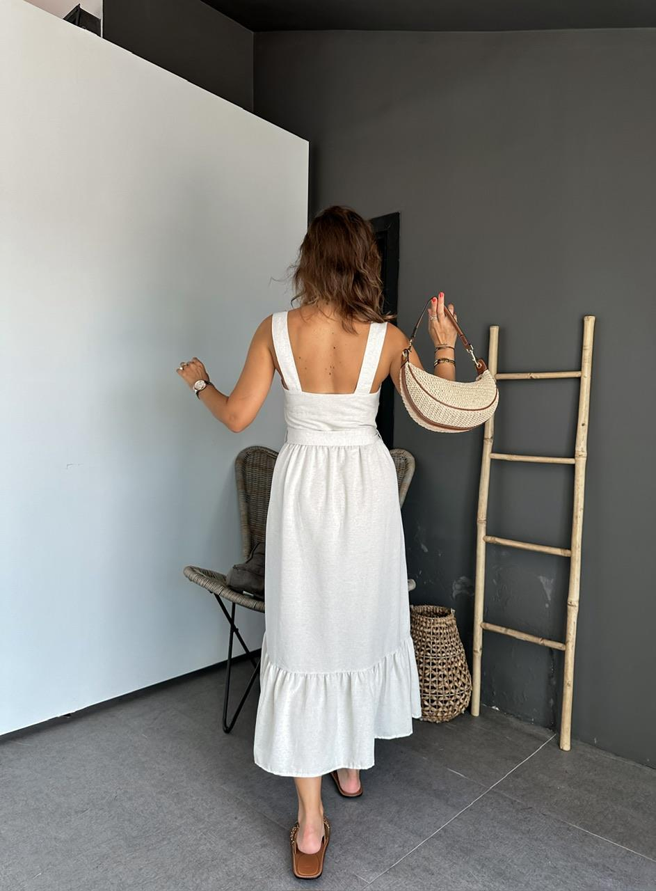 Krem Kalın Askılı Düğmeli Elbise