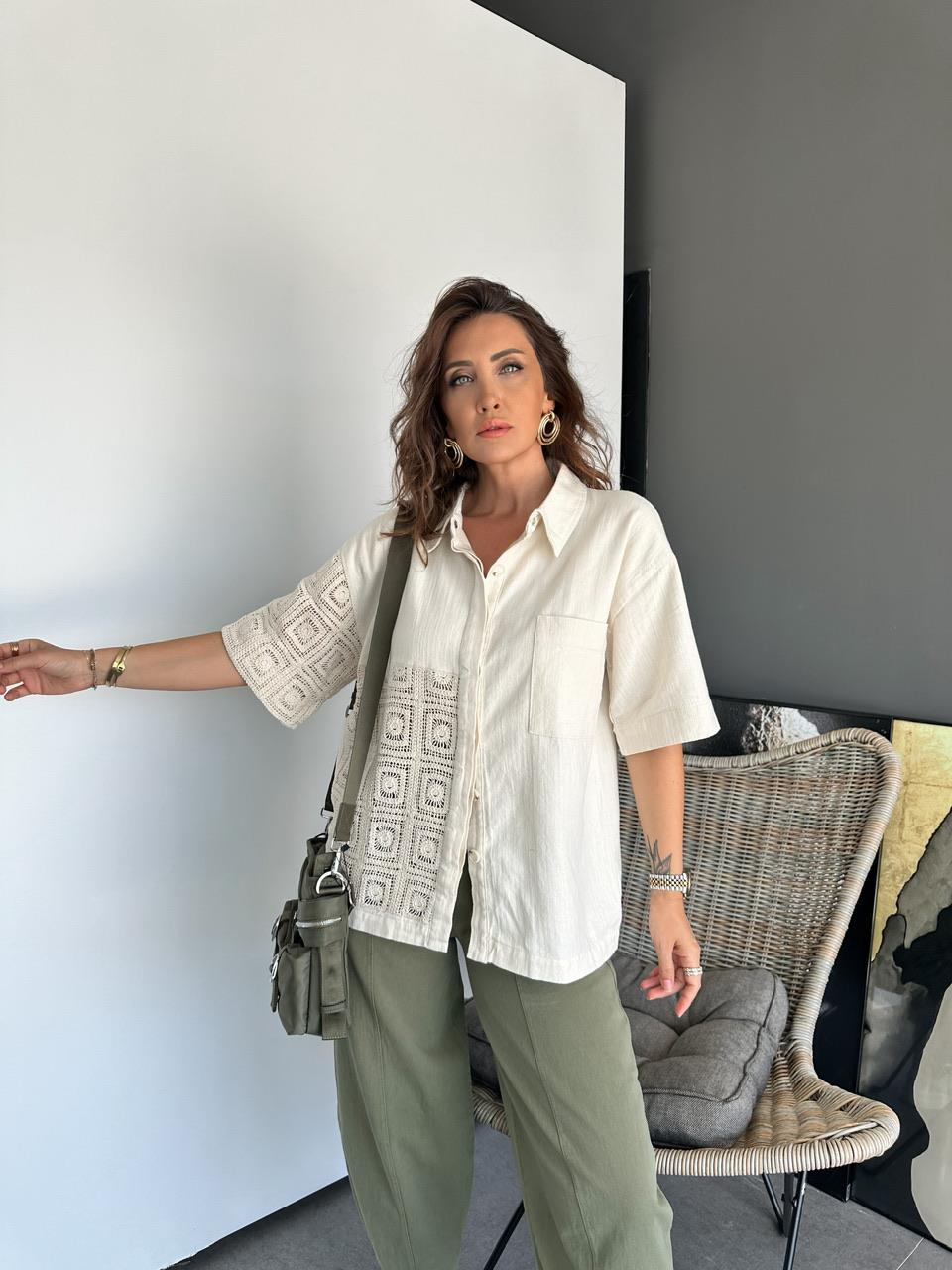 Krem Patchwork Detaylı Ceket