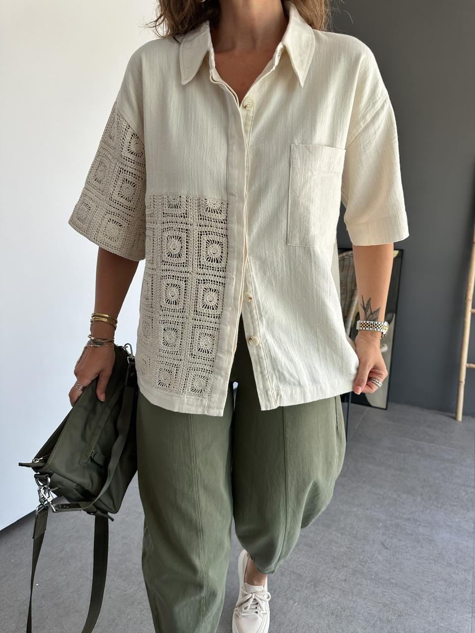 Krem Patchwork Detaylı Ceket