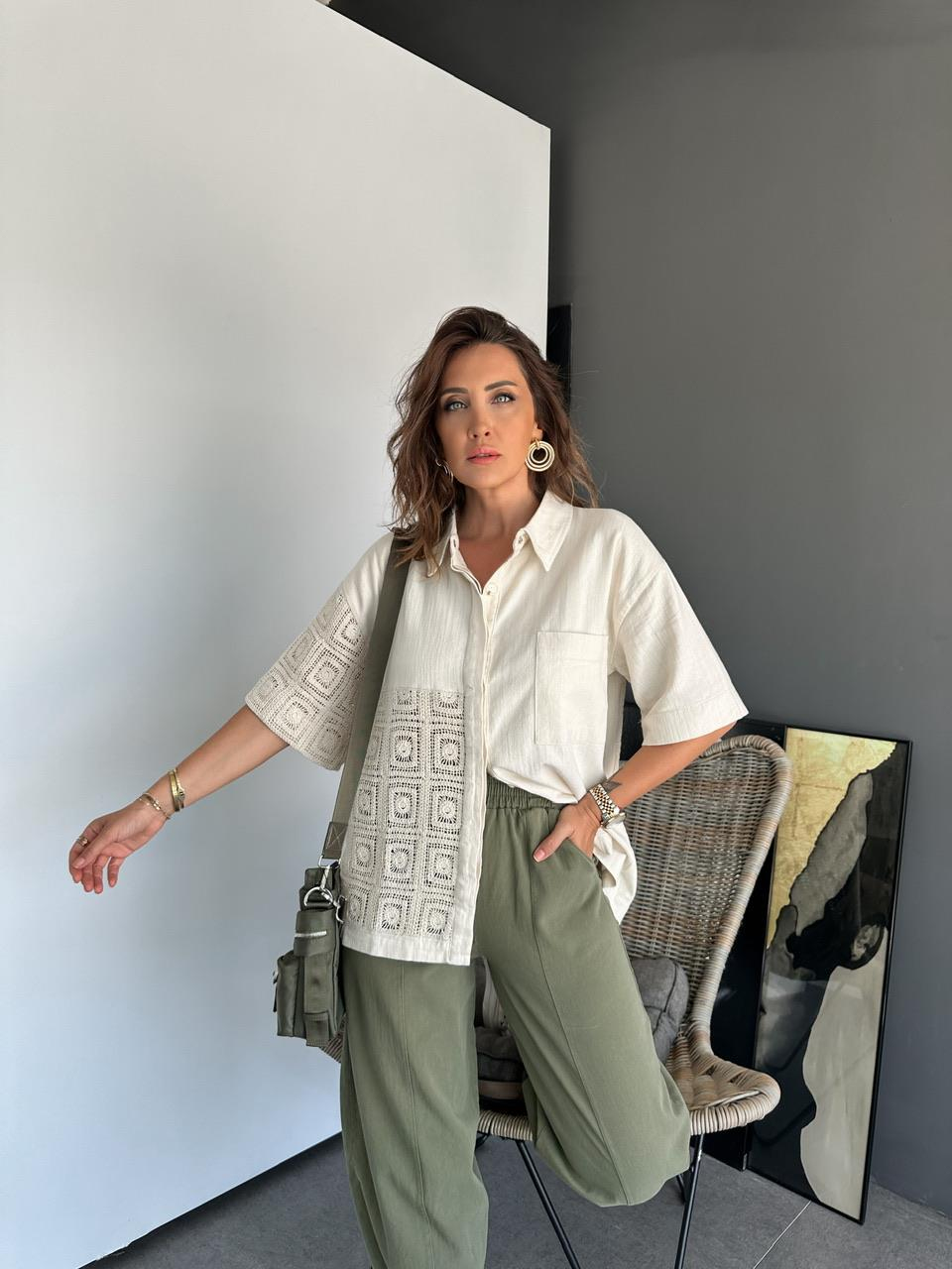 Krem Patchwork Detaylı Ceket