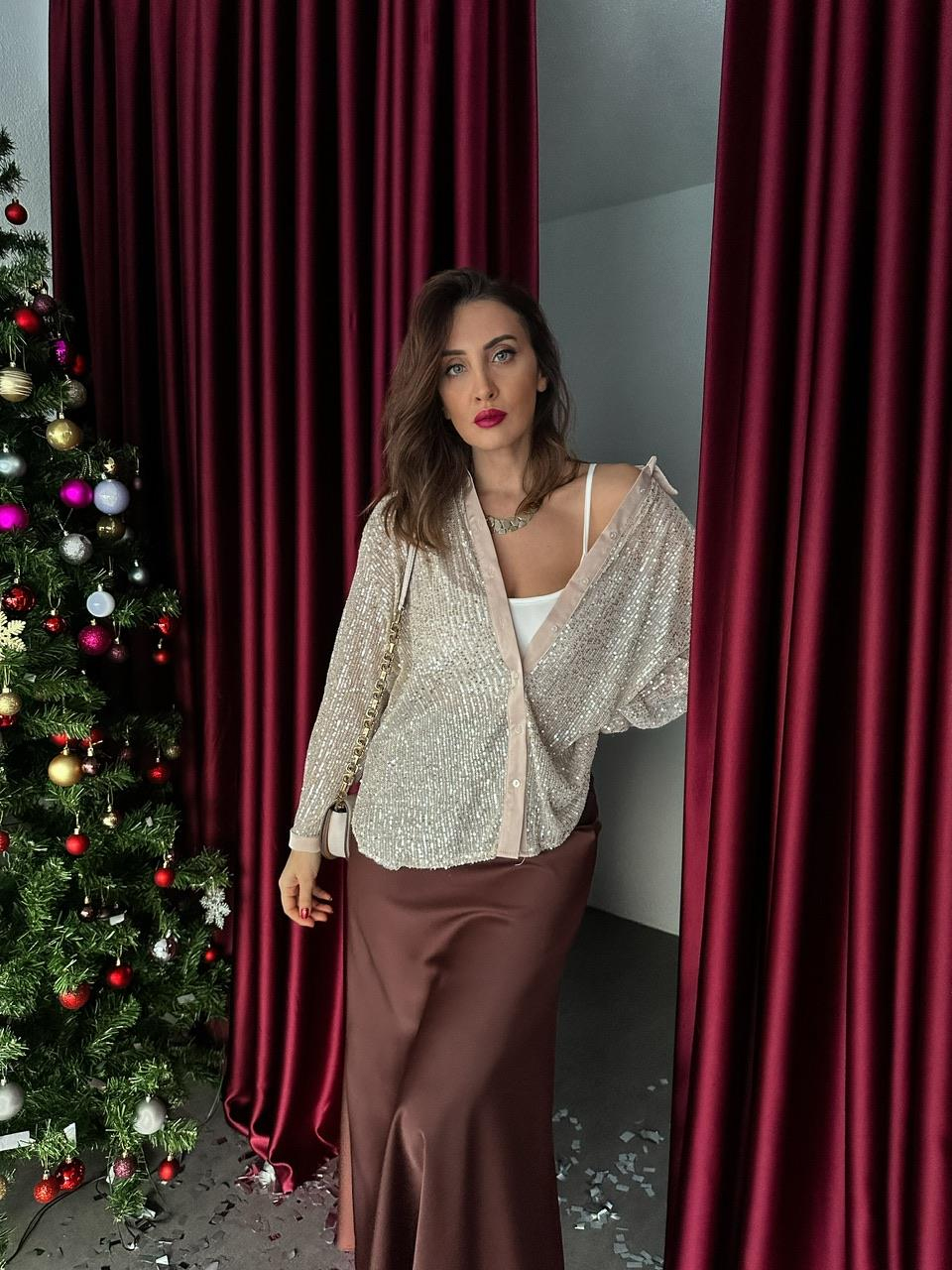 Krem Payetli Şık Gömlek