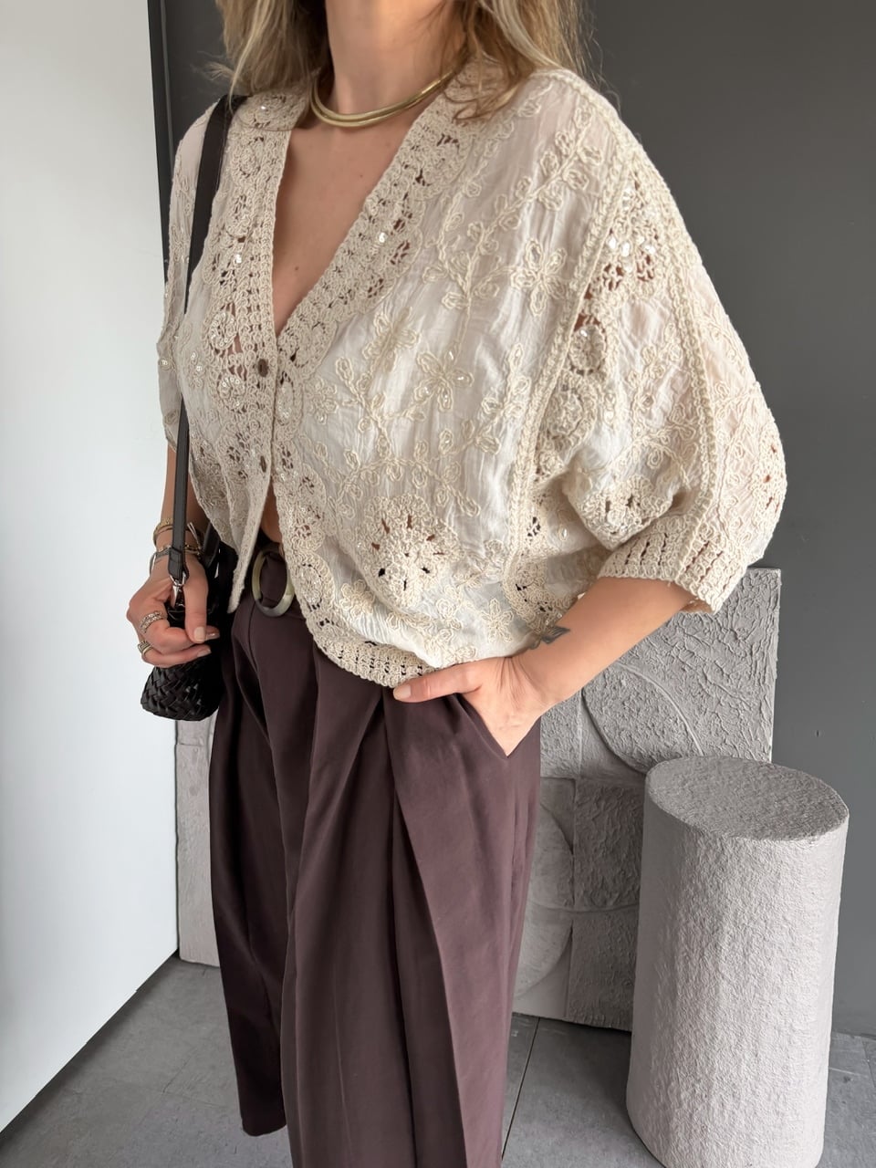 Krem Pullu Dantelli Bohem Bluz