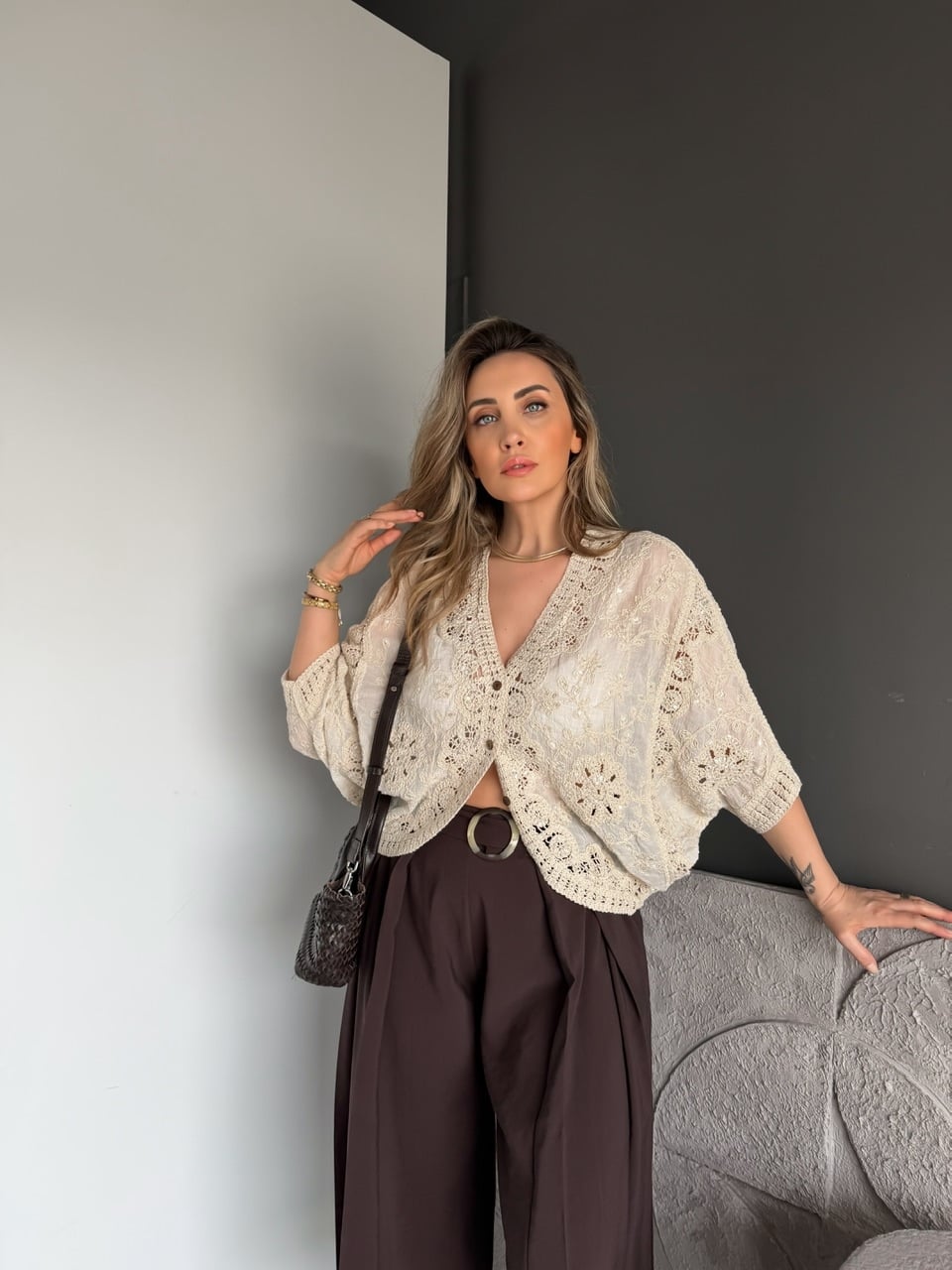 Krem Pullu Dantelli Bohem Bluz