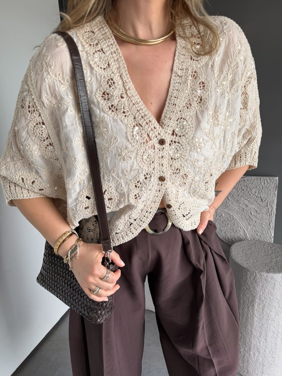 Krem Pullu Dantelli Bohem Bluz