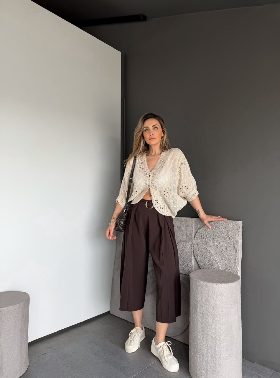 Krem Pullu Dantelli Bohem Bluz