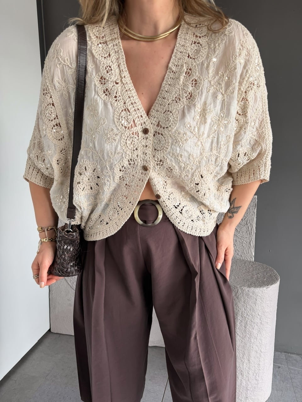 Krem Pullu Dantelli Bohem Bluz