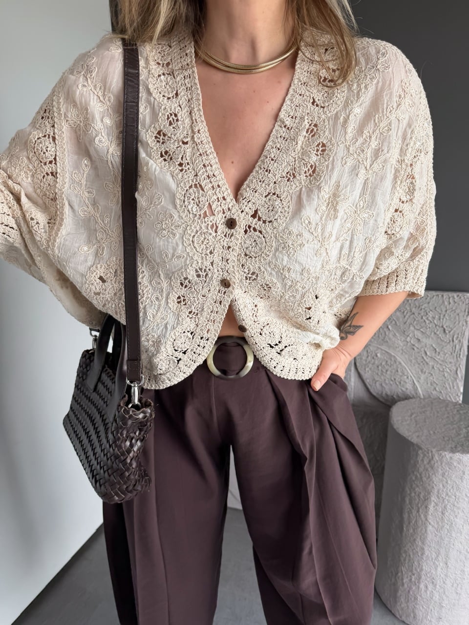 Krem Pullu Dantelli Bohem Bluz