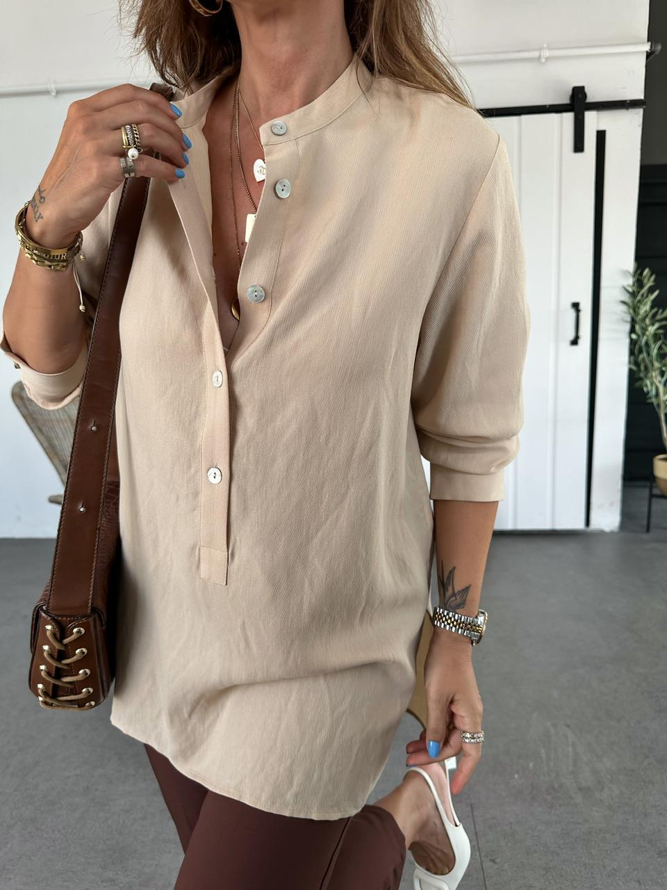 Krem Sedef Düğmeli Orijinal Gömlek