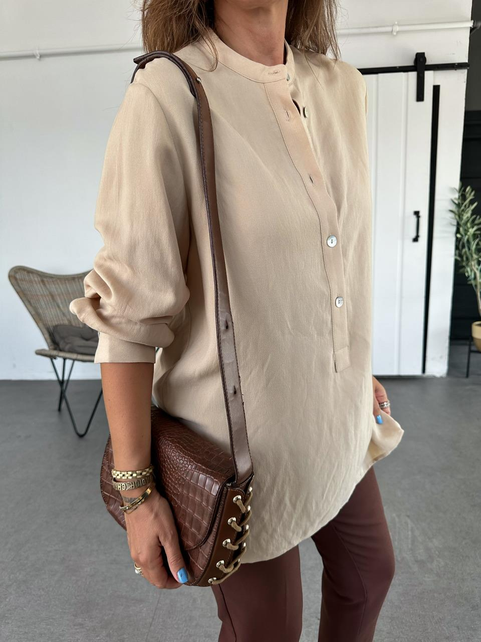 Krem Sedef Düğmeli Orijinal Gömlek