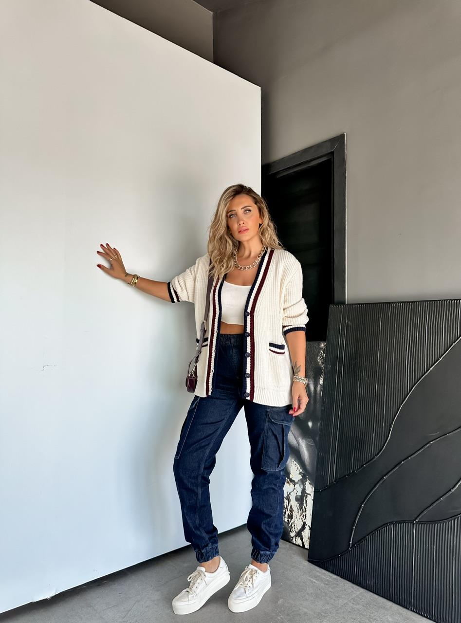 Krem Şeritli Selanik Hırka