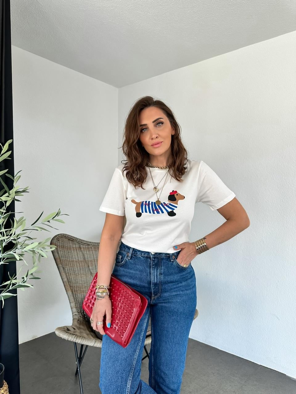 Krem Sevimli Köpek Baskılı Tshirt