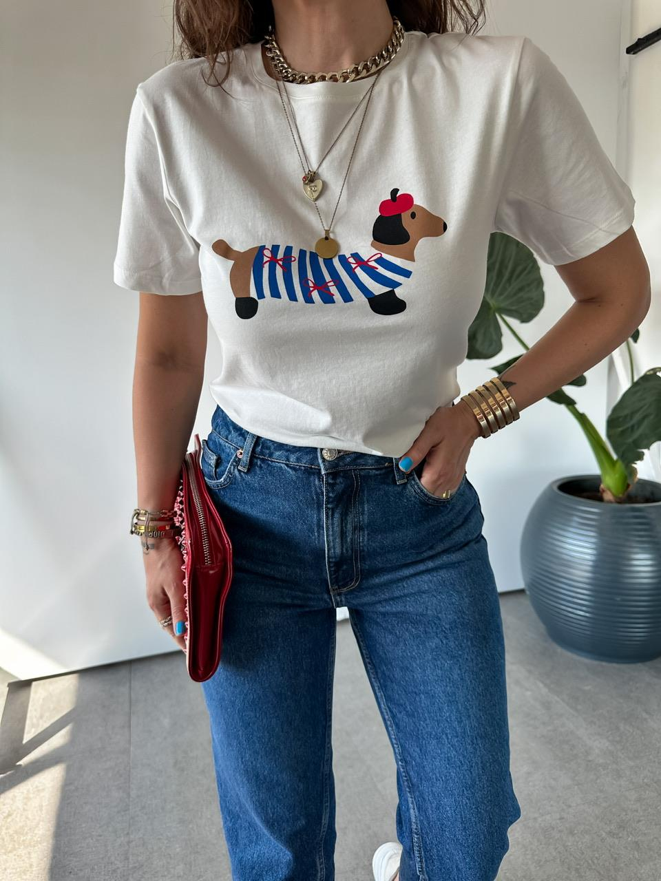 Krem Sevimli Köpek Baskılı Tshirt