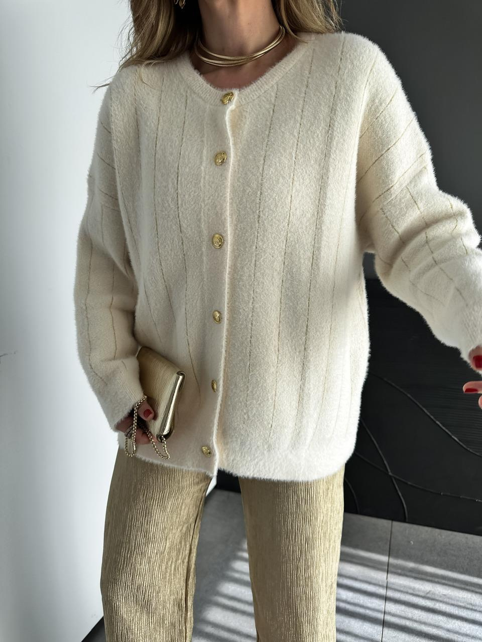 Krem Simli Gold Düğmeli Hırka