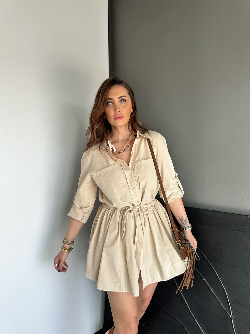 Krem Şortlu Gömlek Elbise