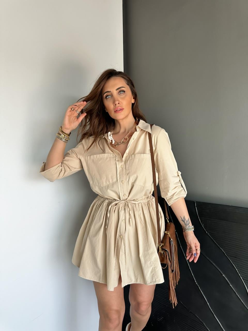 Krem Şortlu Gömlek Elbise