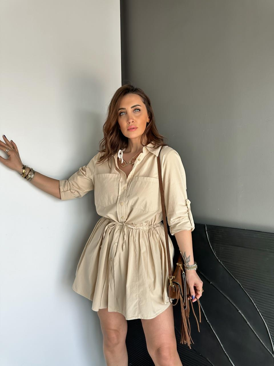 Krem Şortlu Gömlek Elbise