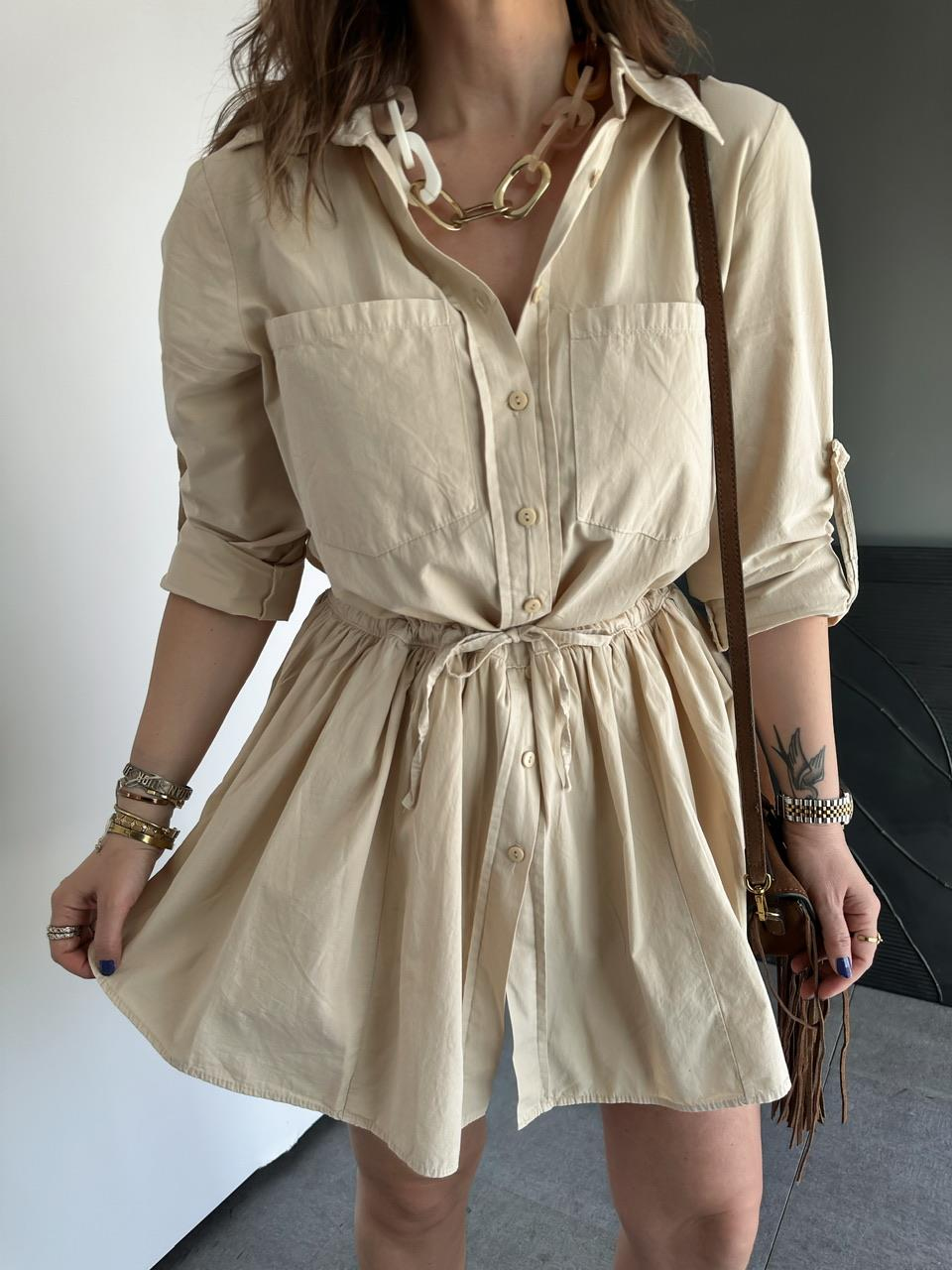 Krem Şortlu Gömlek Elbise