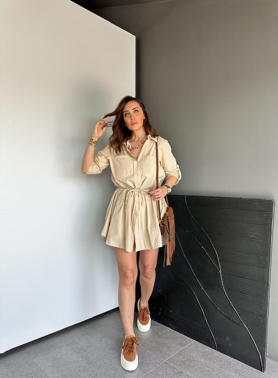 Krem Şortlu Gömlek Elbise