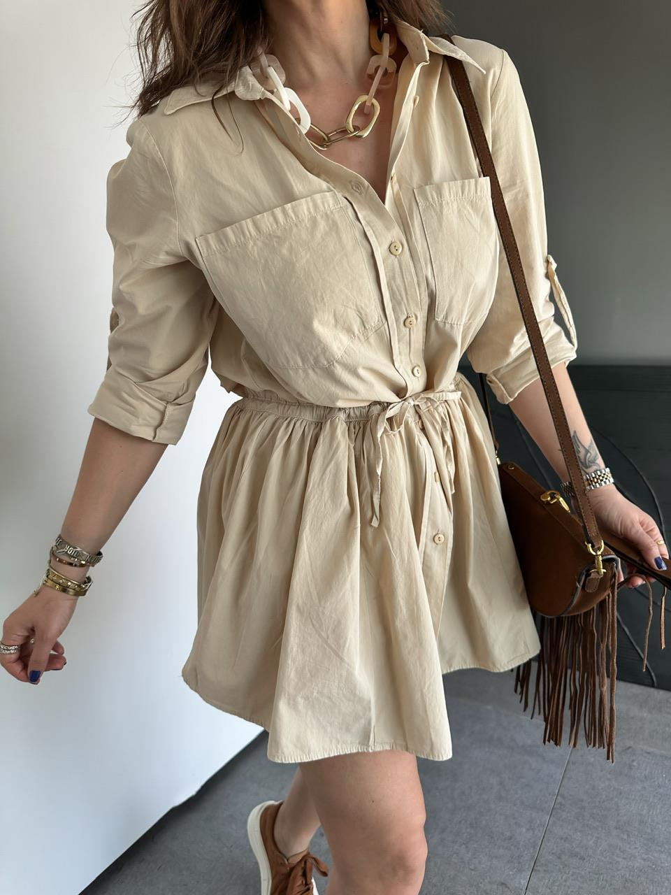 Krem Şortlu Gömlek Elbise