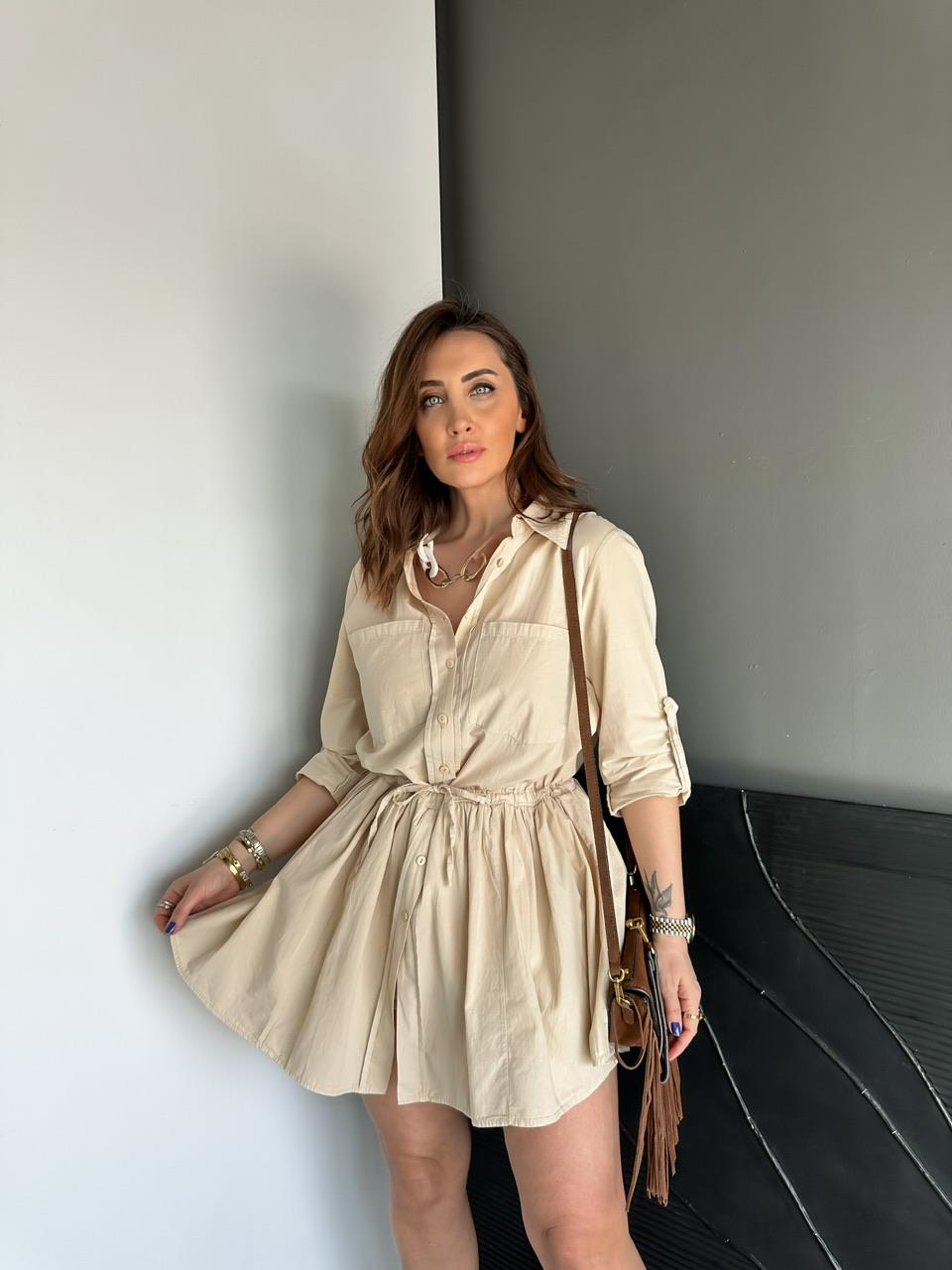 Krem Şortlu Gömlek Elbise