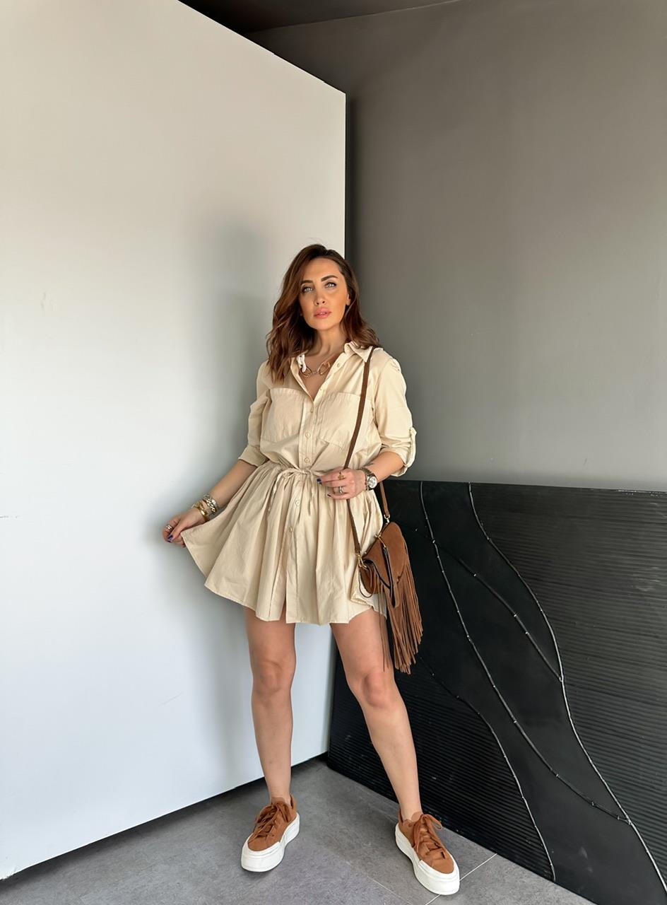 Krem Şortlu Gömlek Elbise